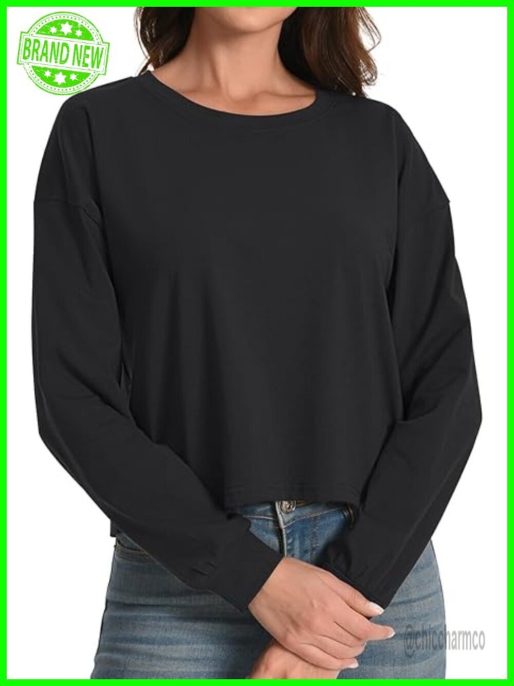 Women's Long Sleeve Crop Top Loose Cotton Tee Crew Neck Athletic Workout Shirt
